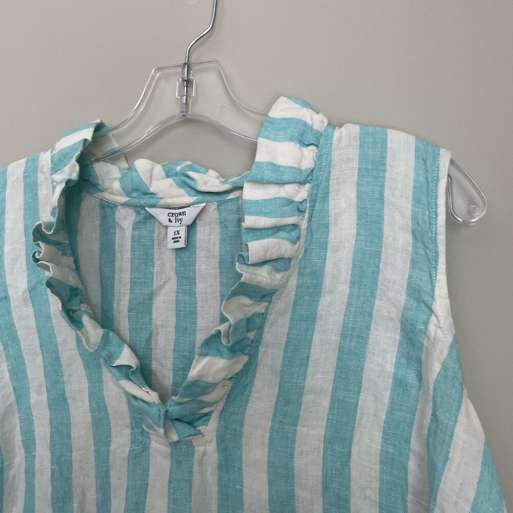 Crown & Ivy Size 1X Blue White Striped 100% Linen Sleeveless Ruffle Collar Shirt - Picture 2 of 6